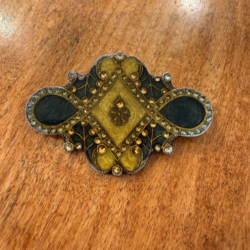 Vintage Victorian Style Faux Rhinestone Brooch Pin Yellow Green Gold Black